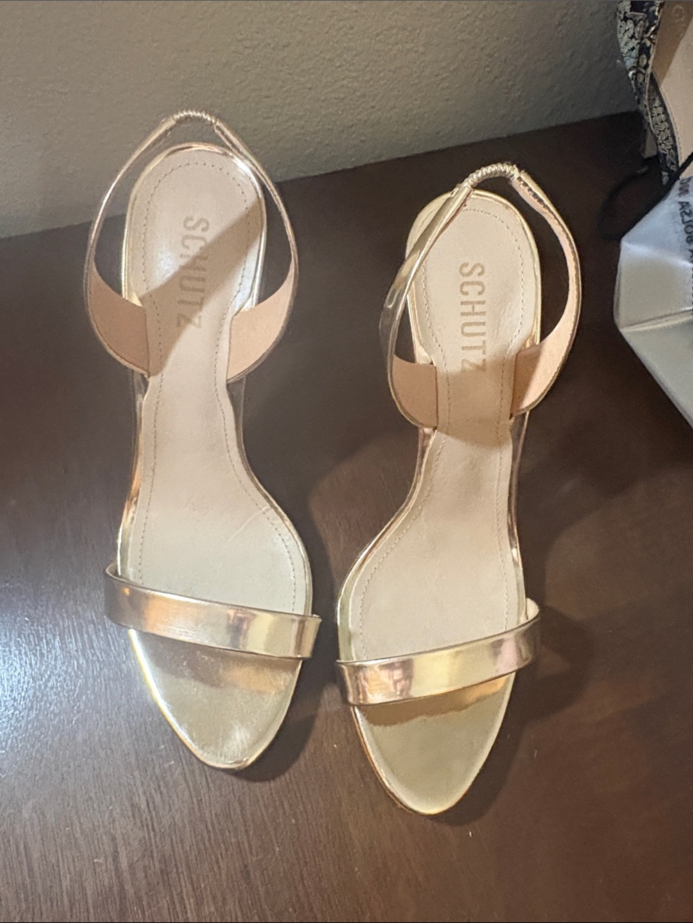 NWOT SCHUTZ Rose Gold Metallic Ankle-Strap Heels 4 inches size 9.5